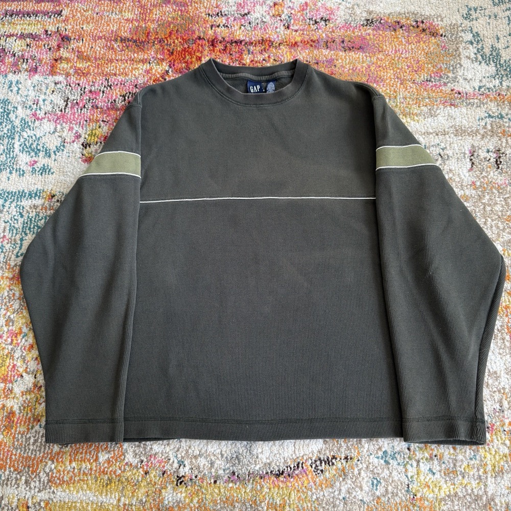 Vintage 90s GAP Ribbed Knit Striped Thermal Olive Green Mens L